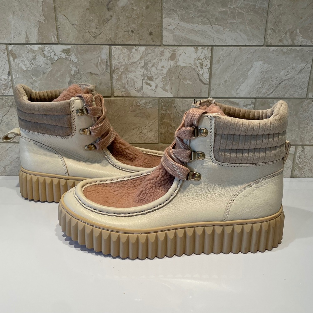 Sam Edelman Reve Ivory Leather Pink Shearling Platform Lug Sole Boots 8.5 M NWOT